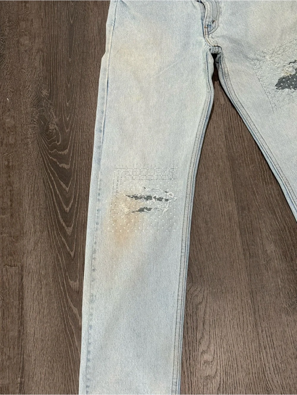 Vintage orange tab Y2K Light Blue Distressed Men’s Jeans with Patch Detail
